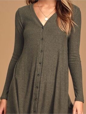 Lulus Button Front Sweater Dress Brown Olive Size Extra Large Relaxed Fit